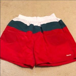 Supreme split logo water shorts trunks red white